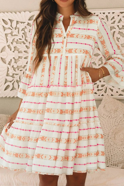 Printed Ruffled Notched Loose Dress - adritiX
