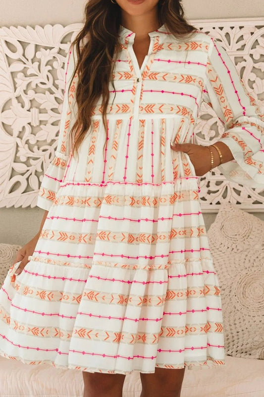 Printed Ruffled Notched Loose Dress - adritiX