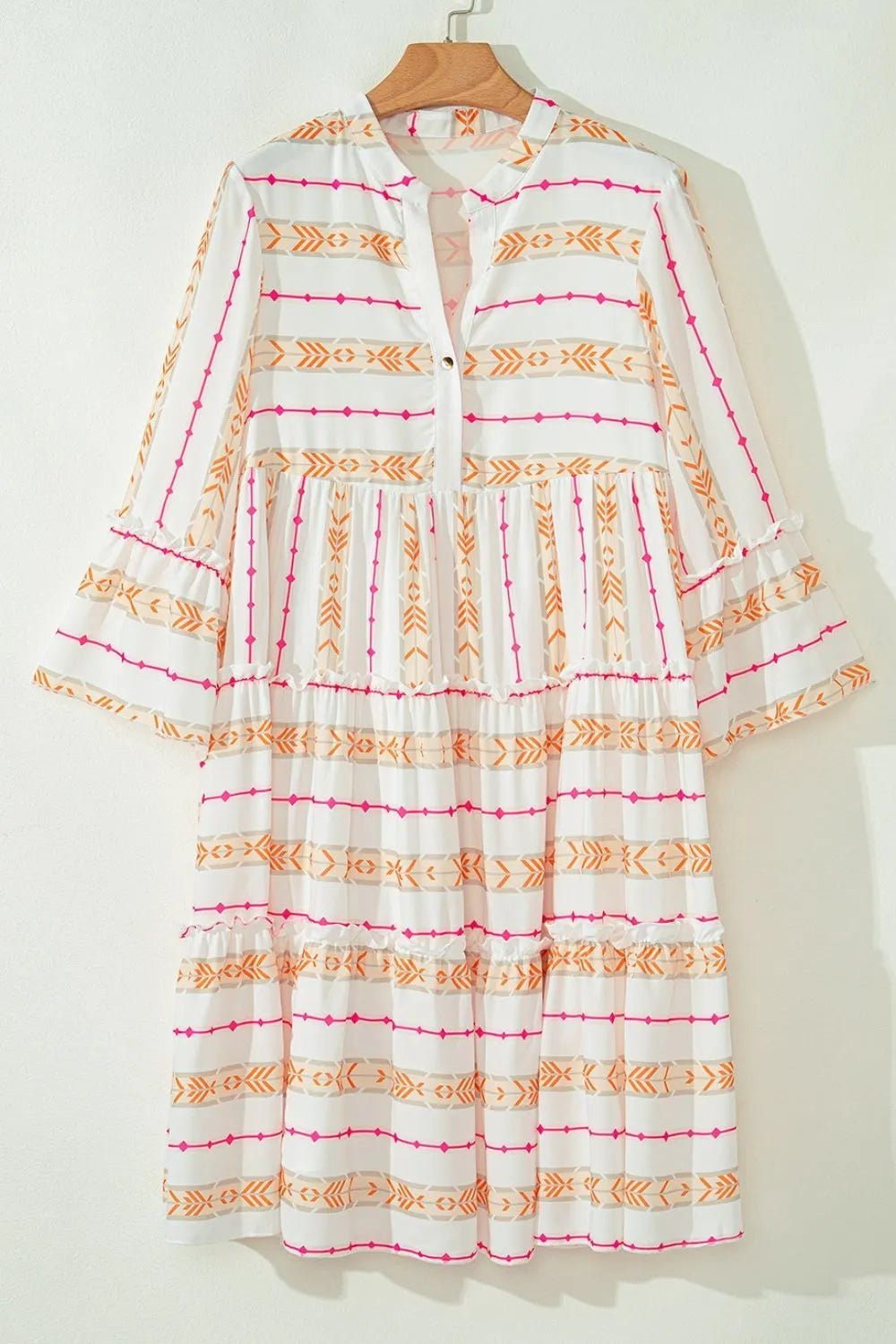 Printed Ruffled Notched Loose Dress - adritiX