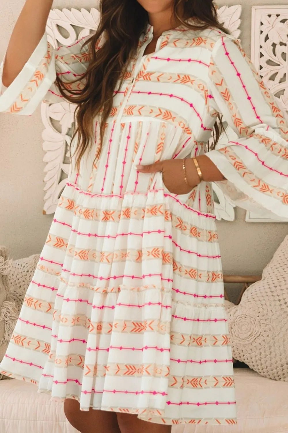 Printed Ruffled Notched Loose Dress - adritiX