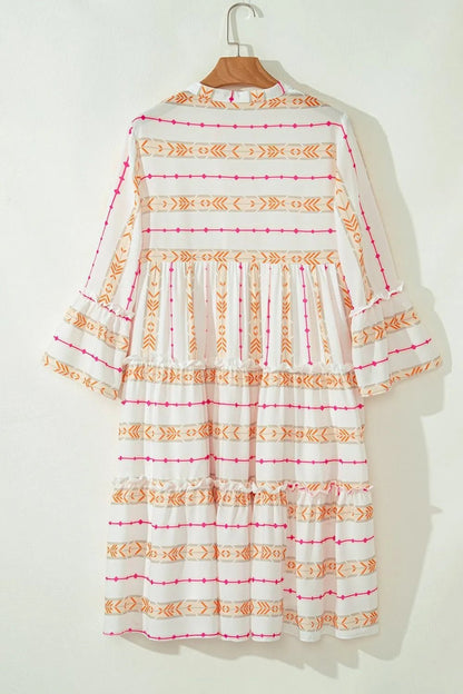 Printed Ruffled Notched Loose Dress - adritiX