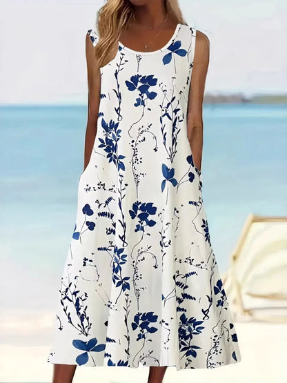 Printed Sleeveless Summer Midi Dress - adritiX