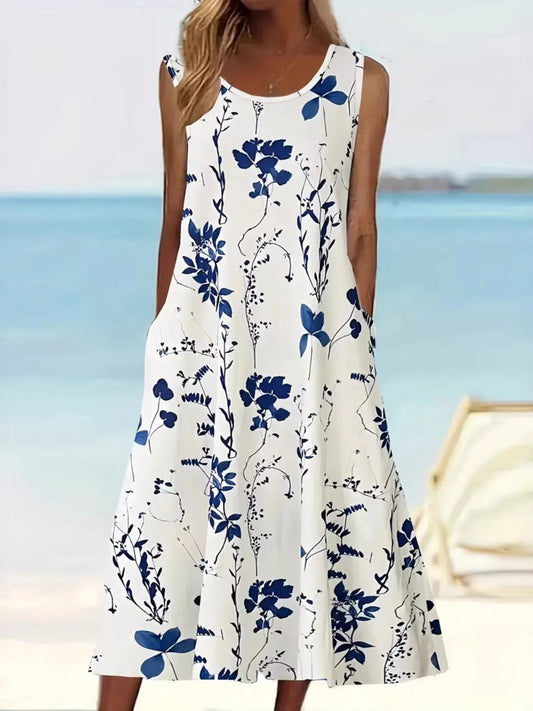 Printed Sleeveless Summer Midi Dress - adritiX