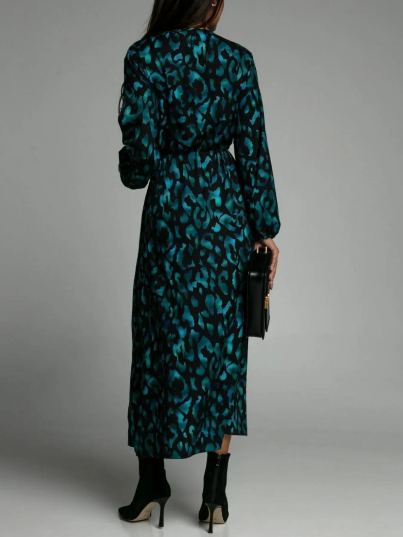 Printed Surplice Long Sleeve Midi Dress - adritiX