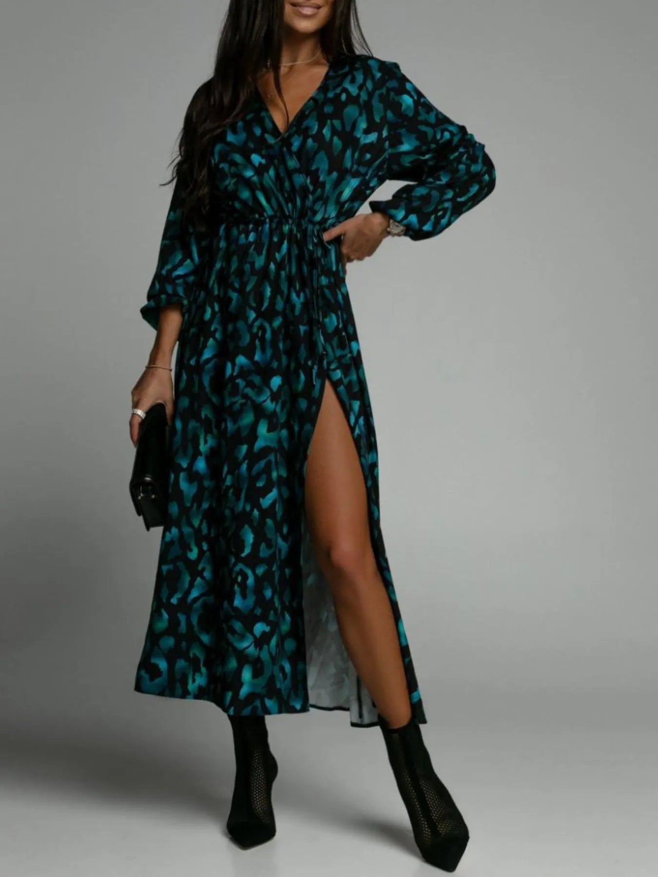 Printed Surplice Long Sleeve Midi Dress - adritiX