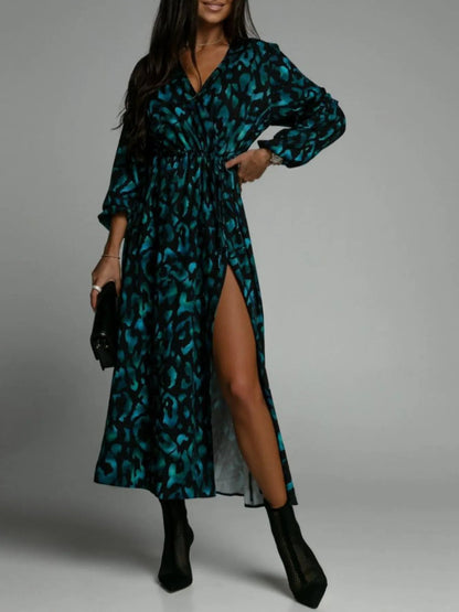 Printed Surplice Long Sleeve Midi Dress - adritiX