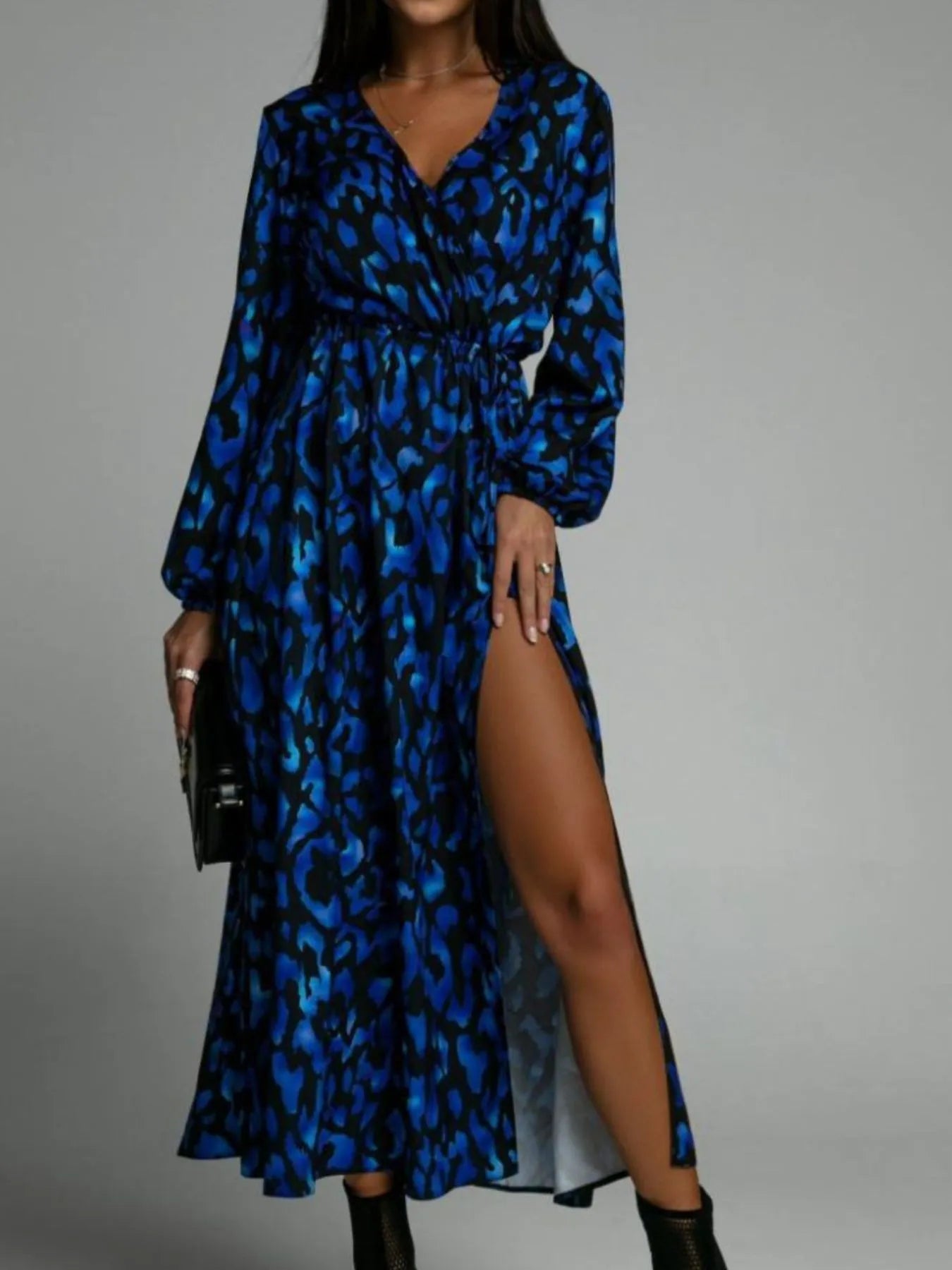 Printed Surplice Long Sleeve Midi Dress - adritiX