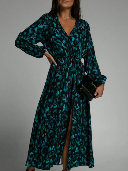 Printed Surplice Long Sleeve Midi Dress - adritiX
