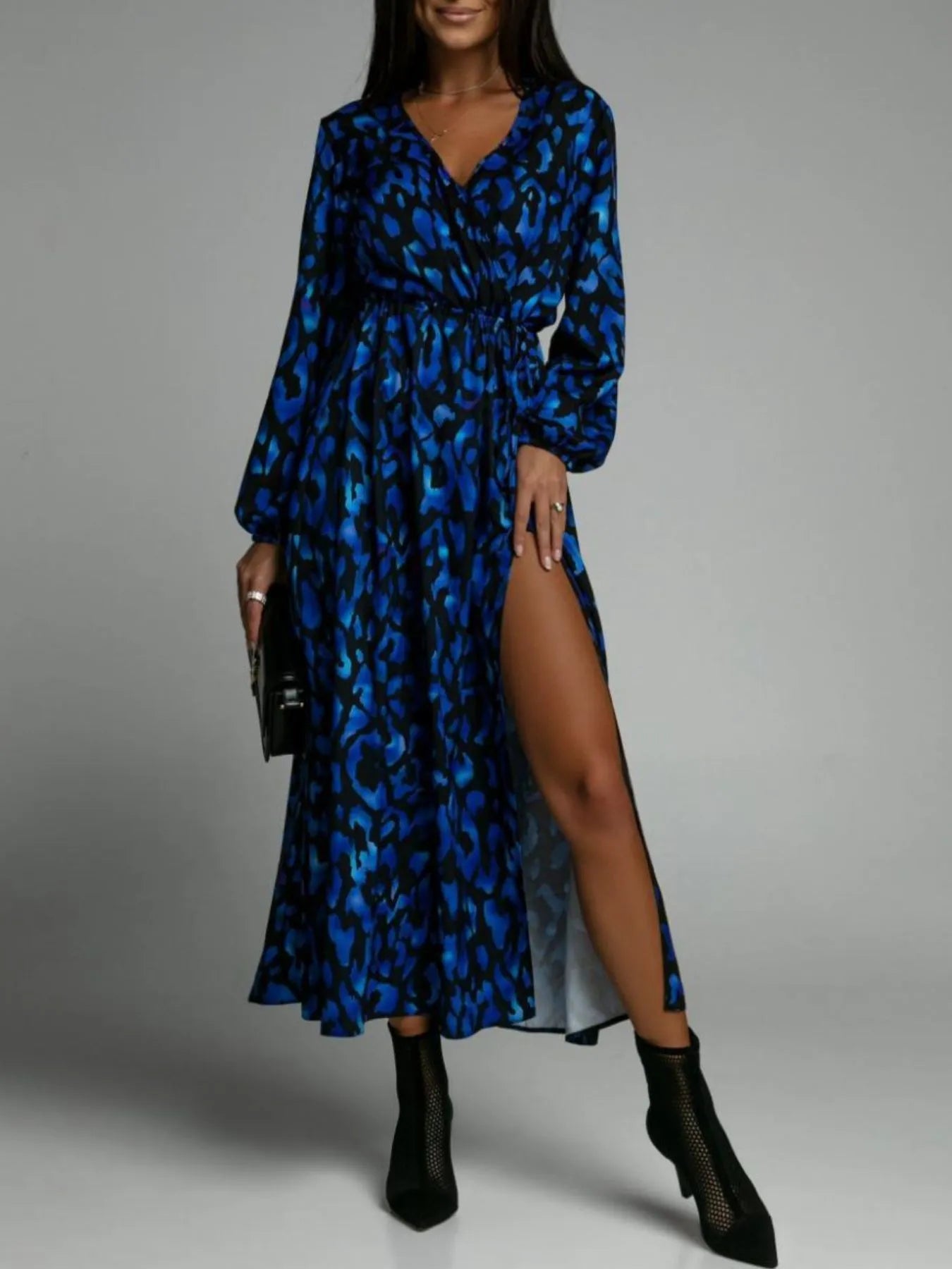 Printed Surplice Long Sleeve Midi Dress - adritiX