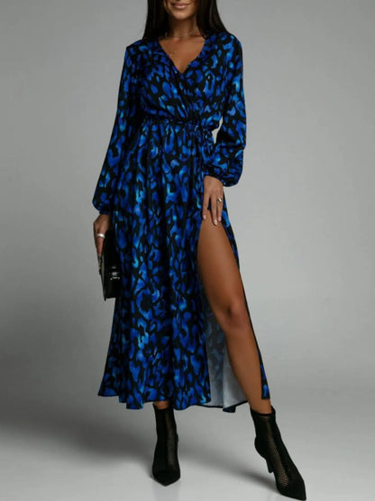 Printed Surplice Long Sleeve Midi Dress - adritiX