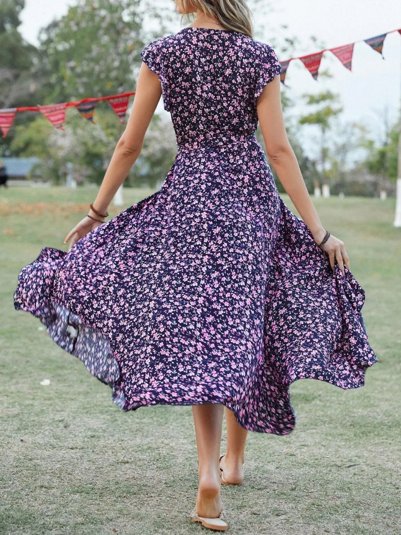 Printed Surplice Ruffle Sleeve Dress - adritiX