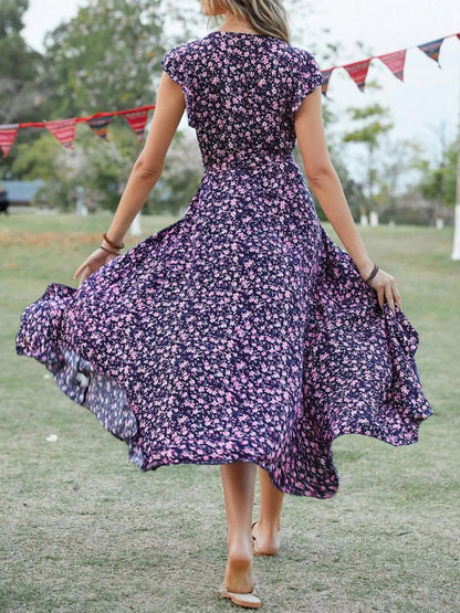 Printed Surplice Ruffle Sleeve Dress - adritiX