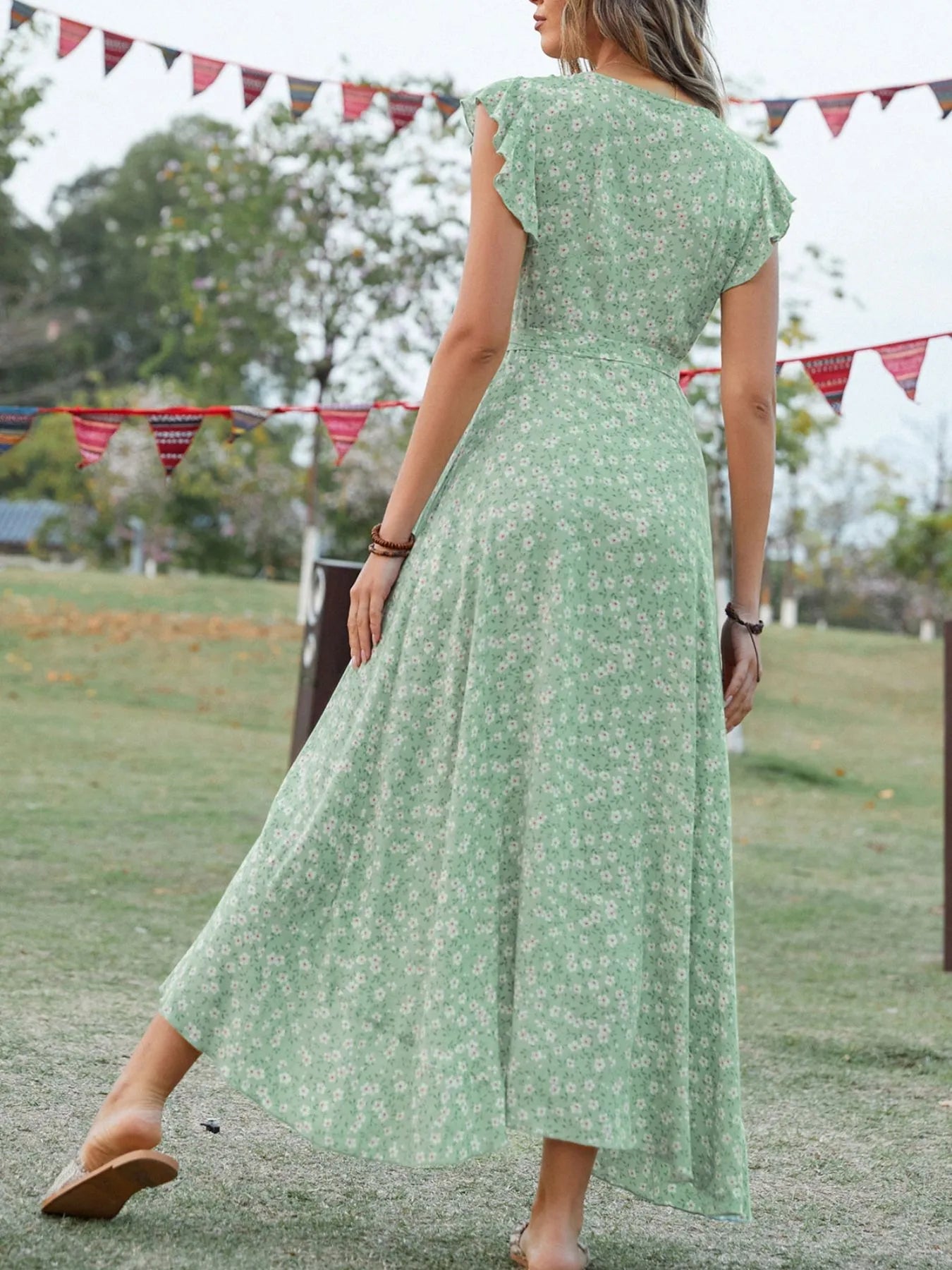 Printed Surplice Ruffle Sleeve Dress - adritiX