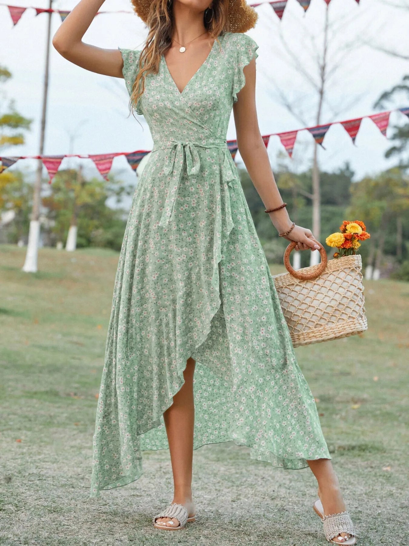 Printed Surplice Ruffle Sleeve Dress - adritiX