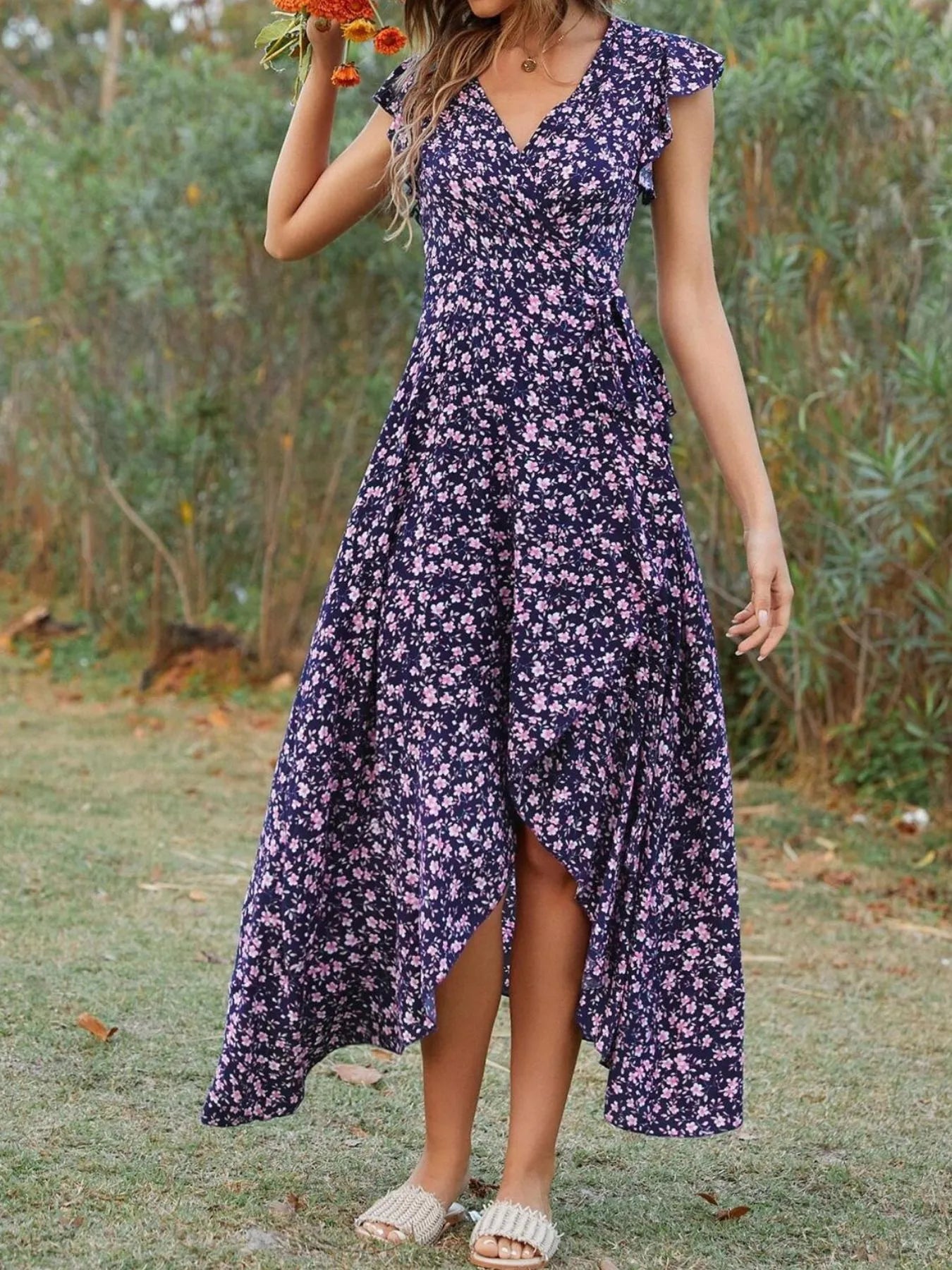 Printed Surplice Ruffle Sleeve Dress - adritiX