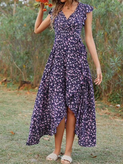 Printed Surplice Ruffle Sleeve Dress - adritiX