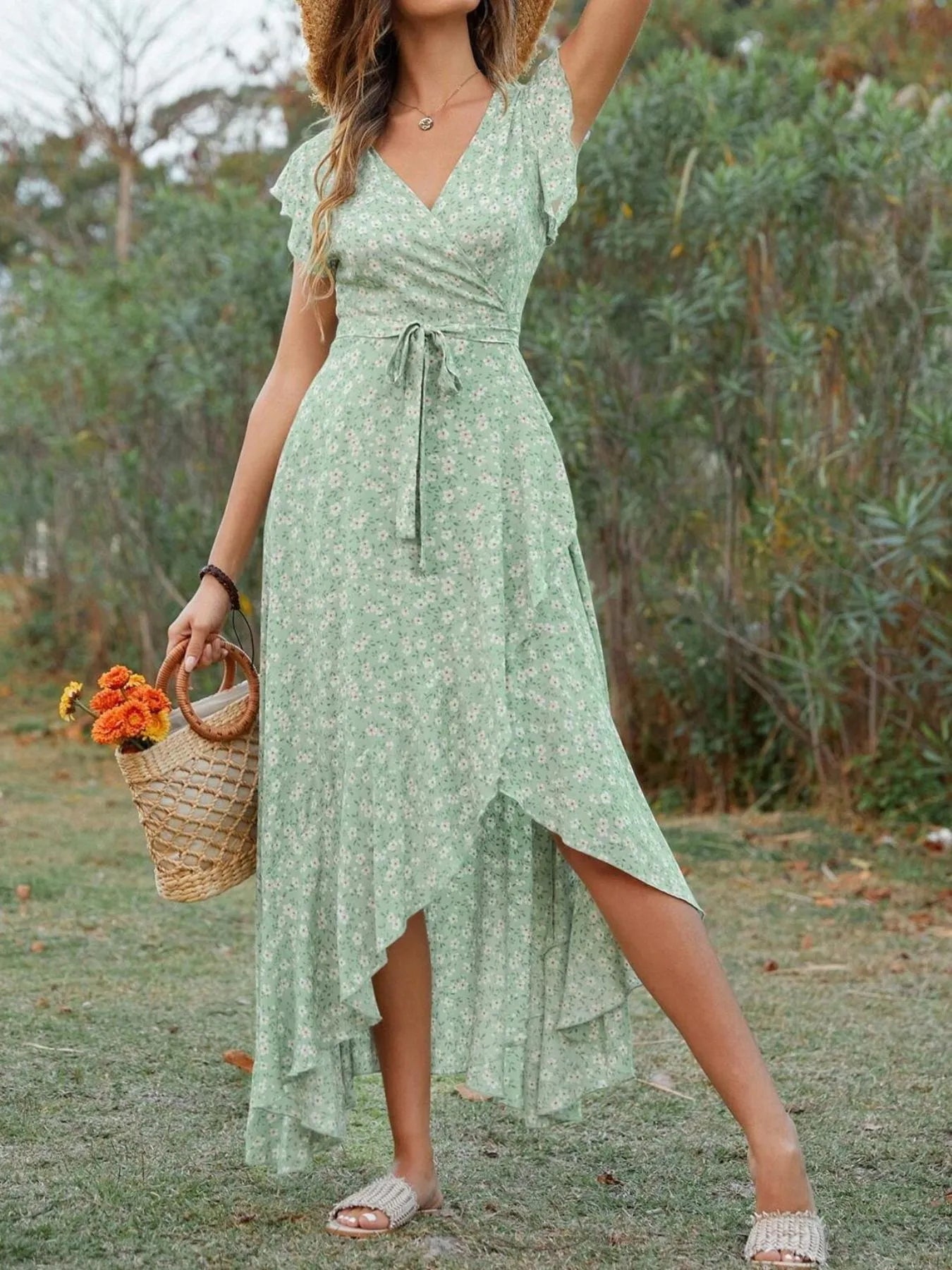 Printed Surplice Ruffle Sleeve Dress - adritiX
