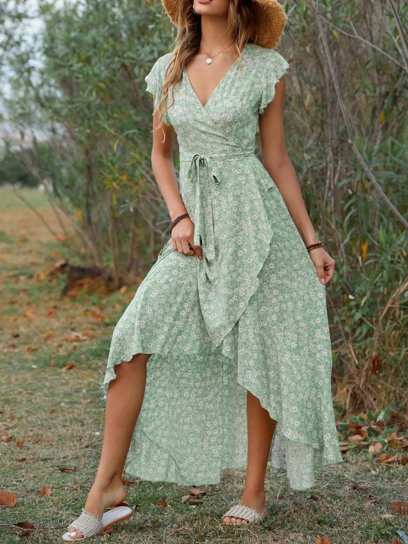 Printed Surplice Ruffle Sleeve Dress - adritiX
