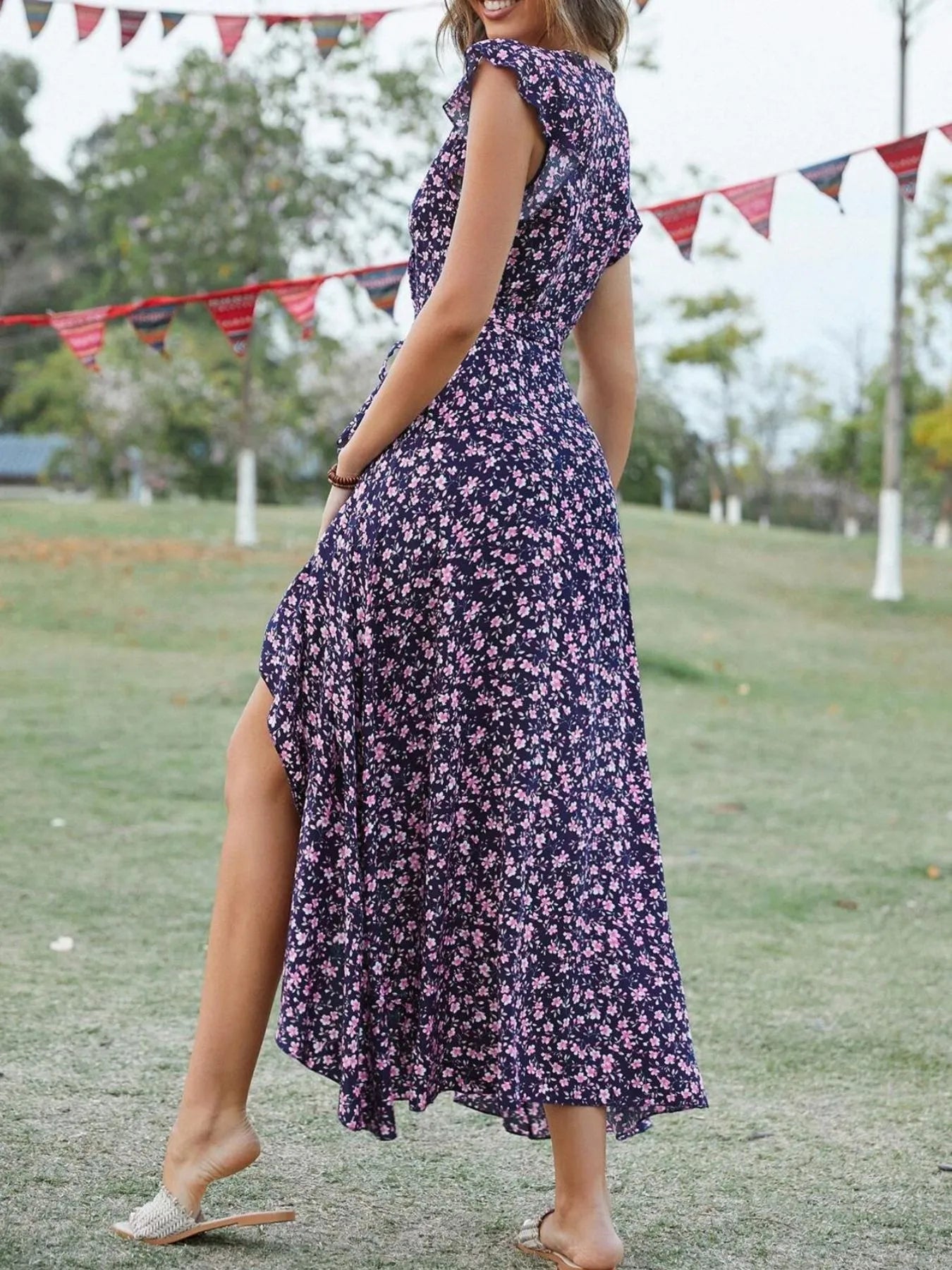 Printed Surplice Ruffle Sleeve Dress - adritiX