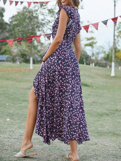 Printed Surplice Ruffle Sleeve Dress - adritiX