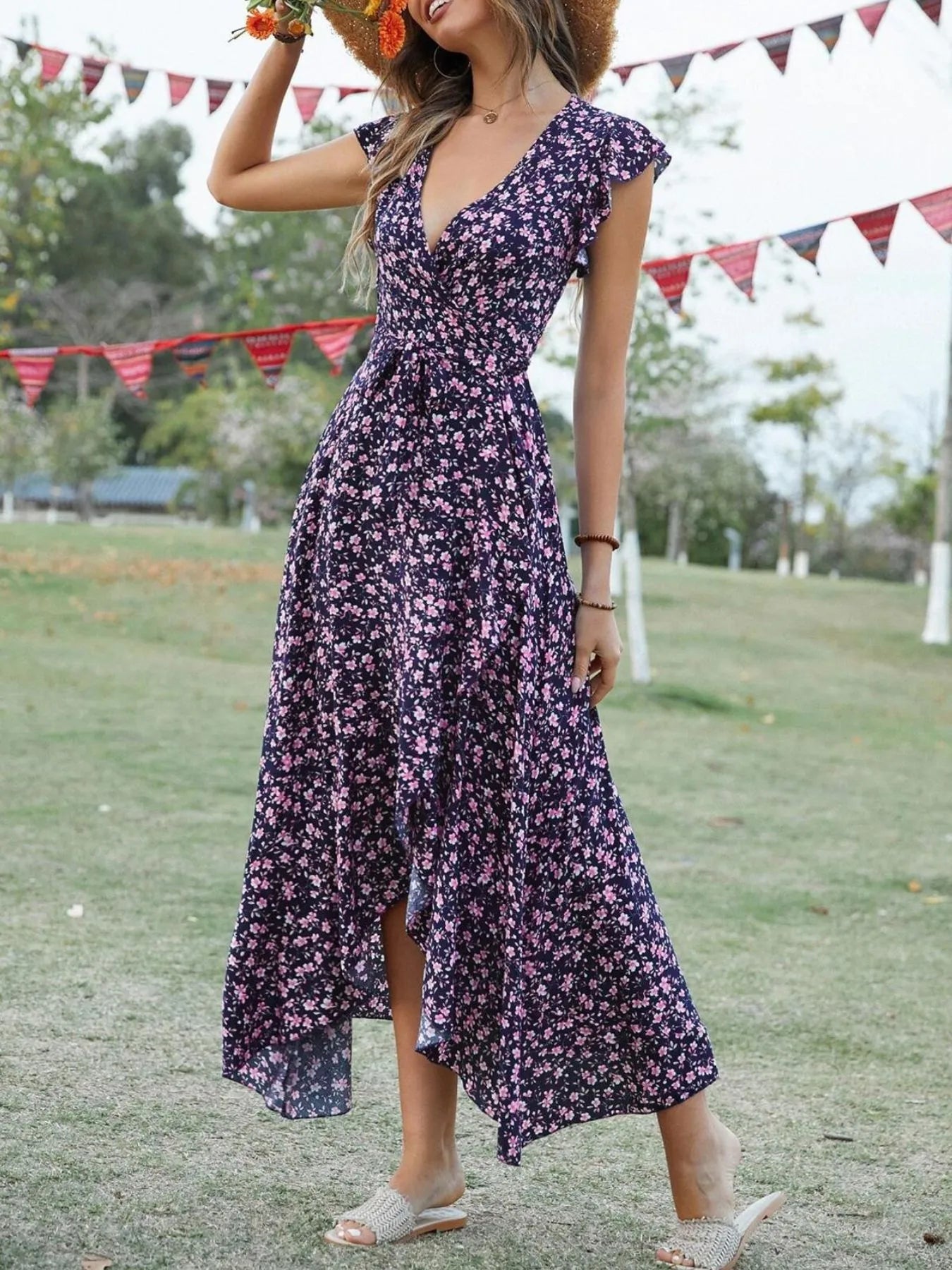Printed Surplice Ruffle Sleeve Dress - adritiX