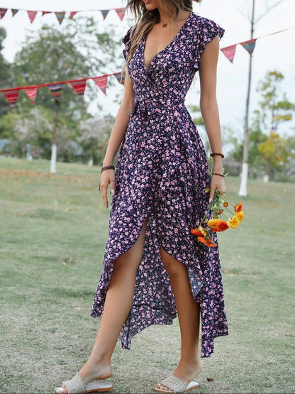Printed Surplice Ruffle Sleeve Dress - adritiX