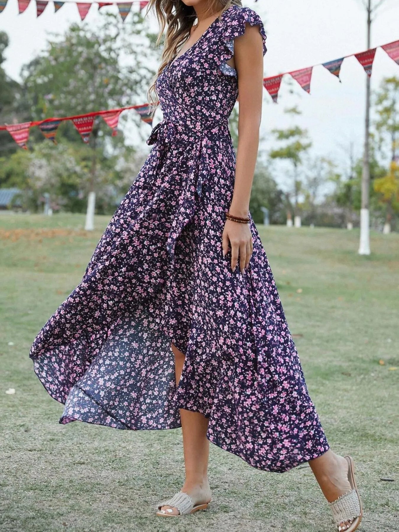 Printed Surplice Ruffle Sleeve Dress - adritiX