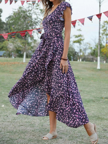 Printed Surplice Ruffle Sleeve Dress - adritiX