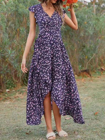 Printed Surplice Ruffle Sleeve Dress - adritiX