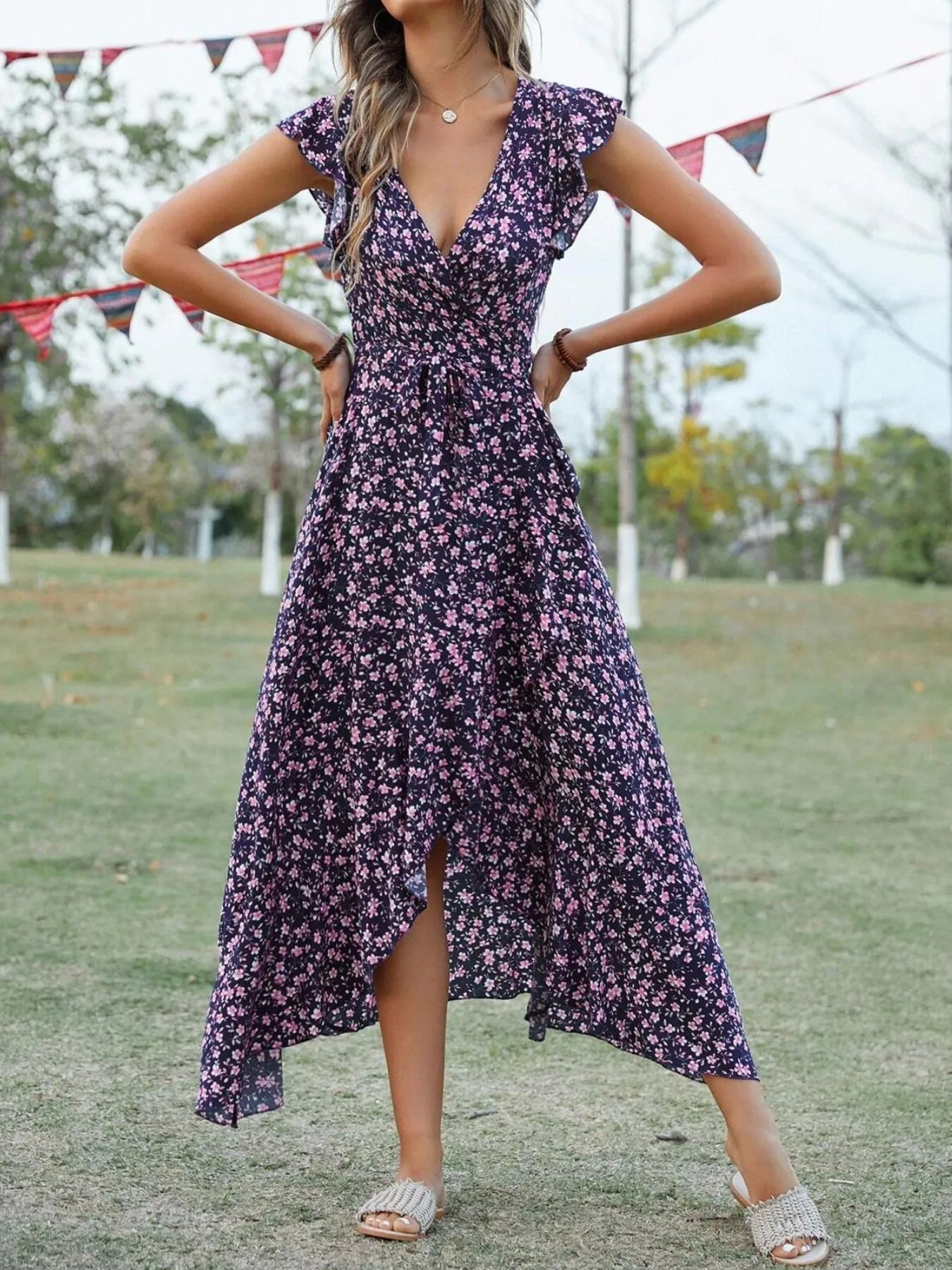 Printed Surplice Ruffle Sleeve Dress - adritiX