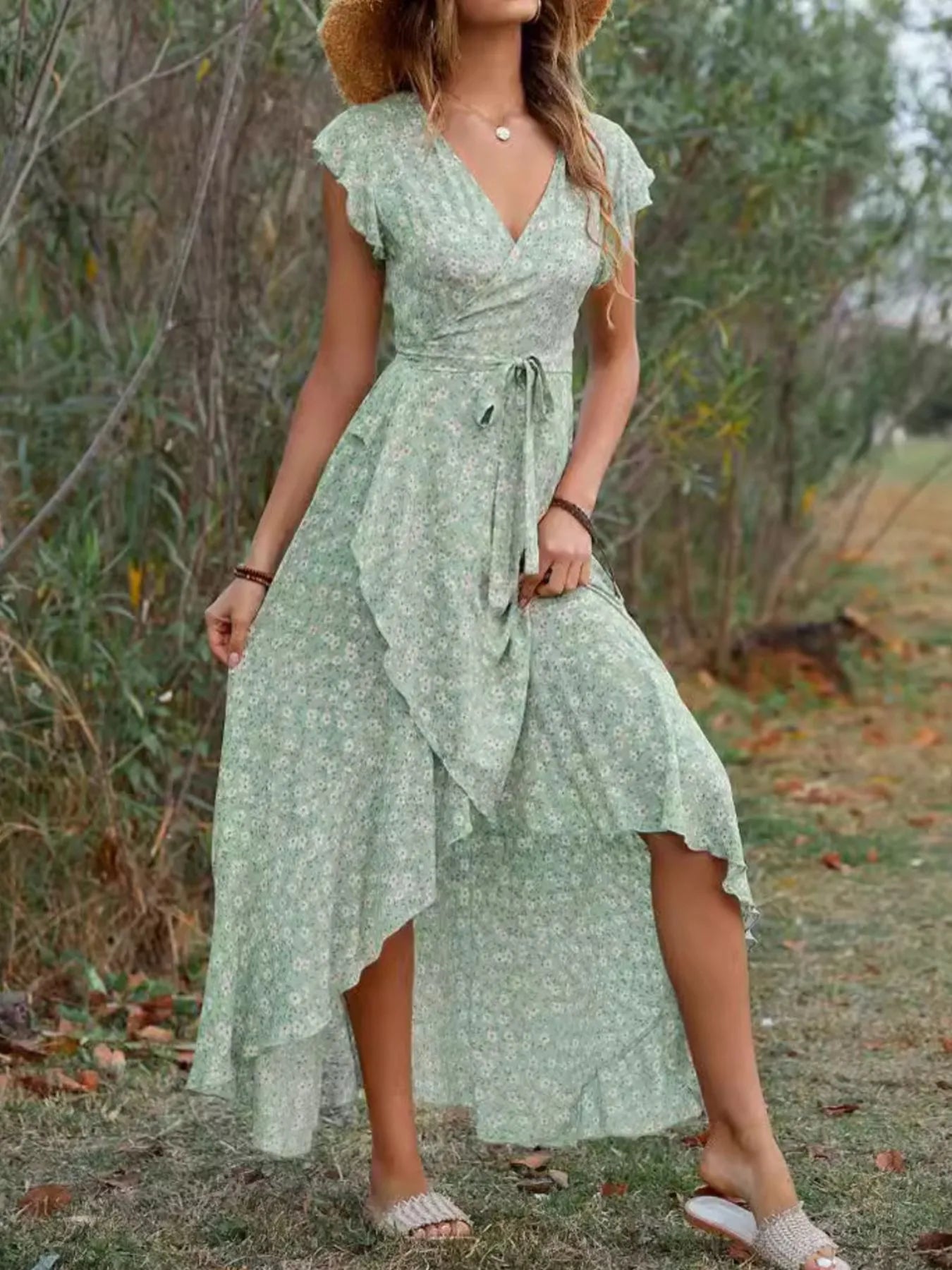 Printed Surplice Ruffle Sleeve Dress - adritiX