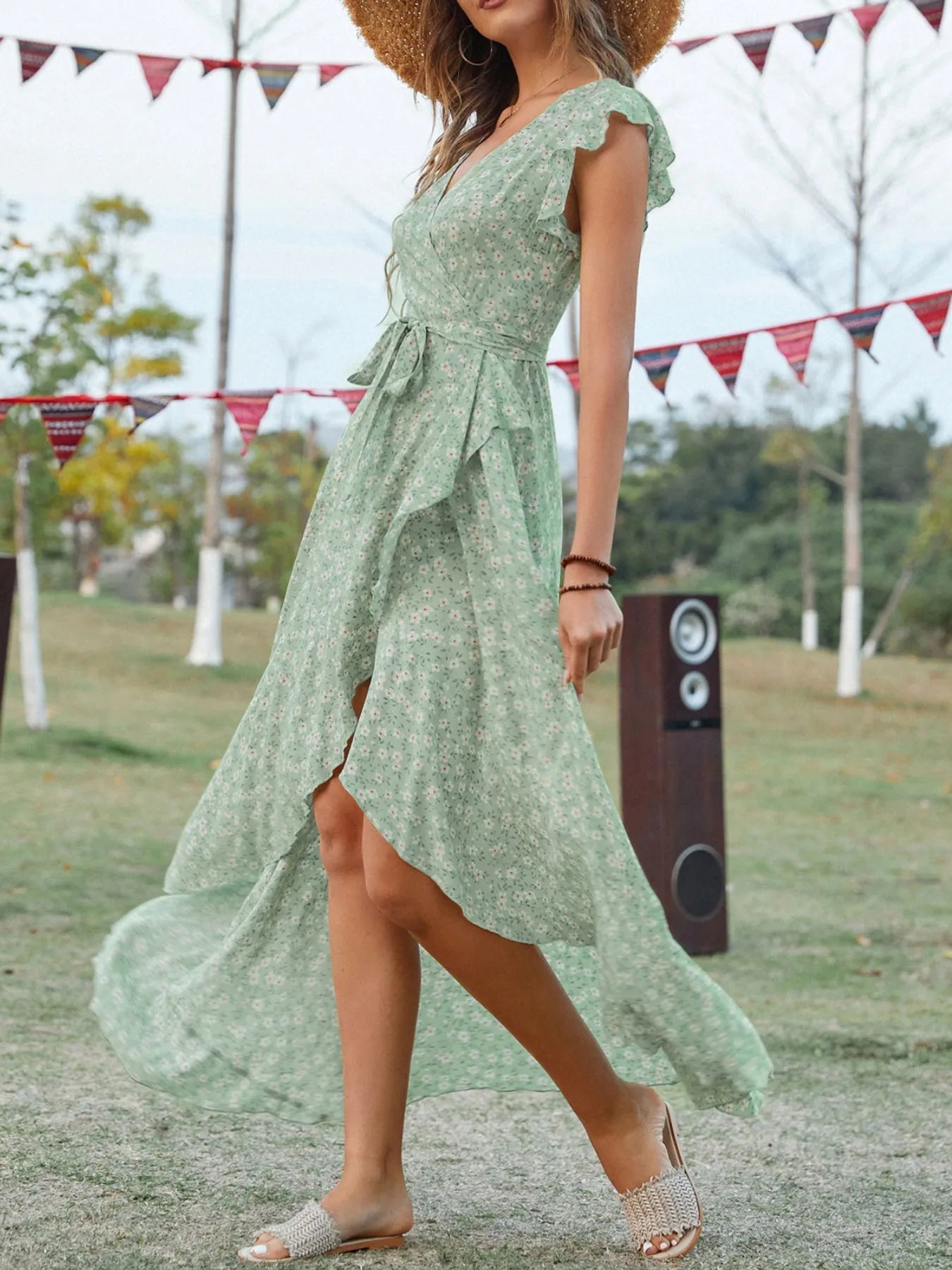 Printed Surplice Ruffle Sleeve Dress - adritiX