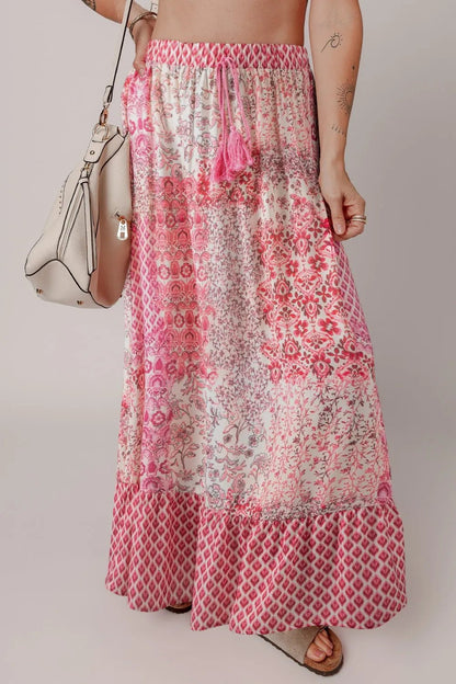 Printed Tassel Drawstring High Waist Maxi Skirt - adritiX