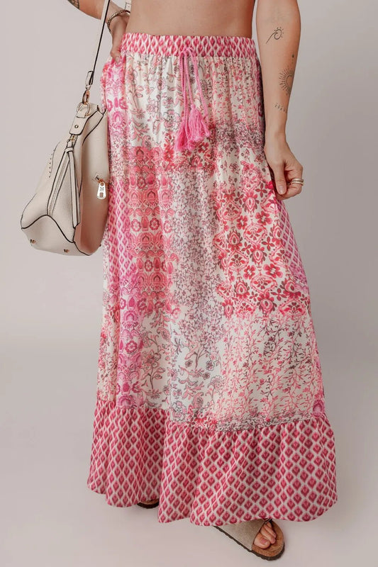 Printed Tassel Drawstring High Waist Maxi Skirt - adritiX