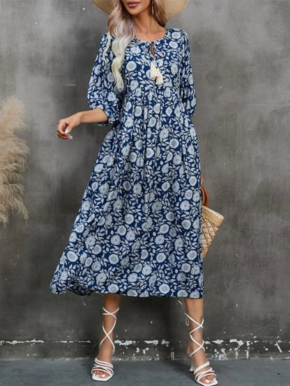 Printed Tie Neck Midi Dress - adritiX