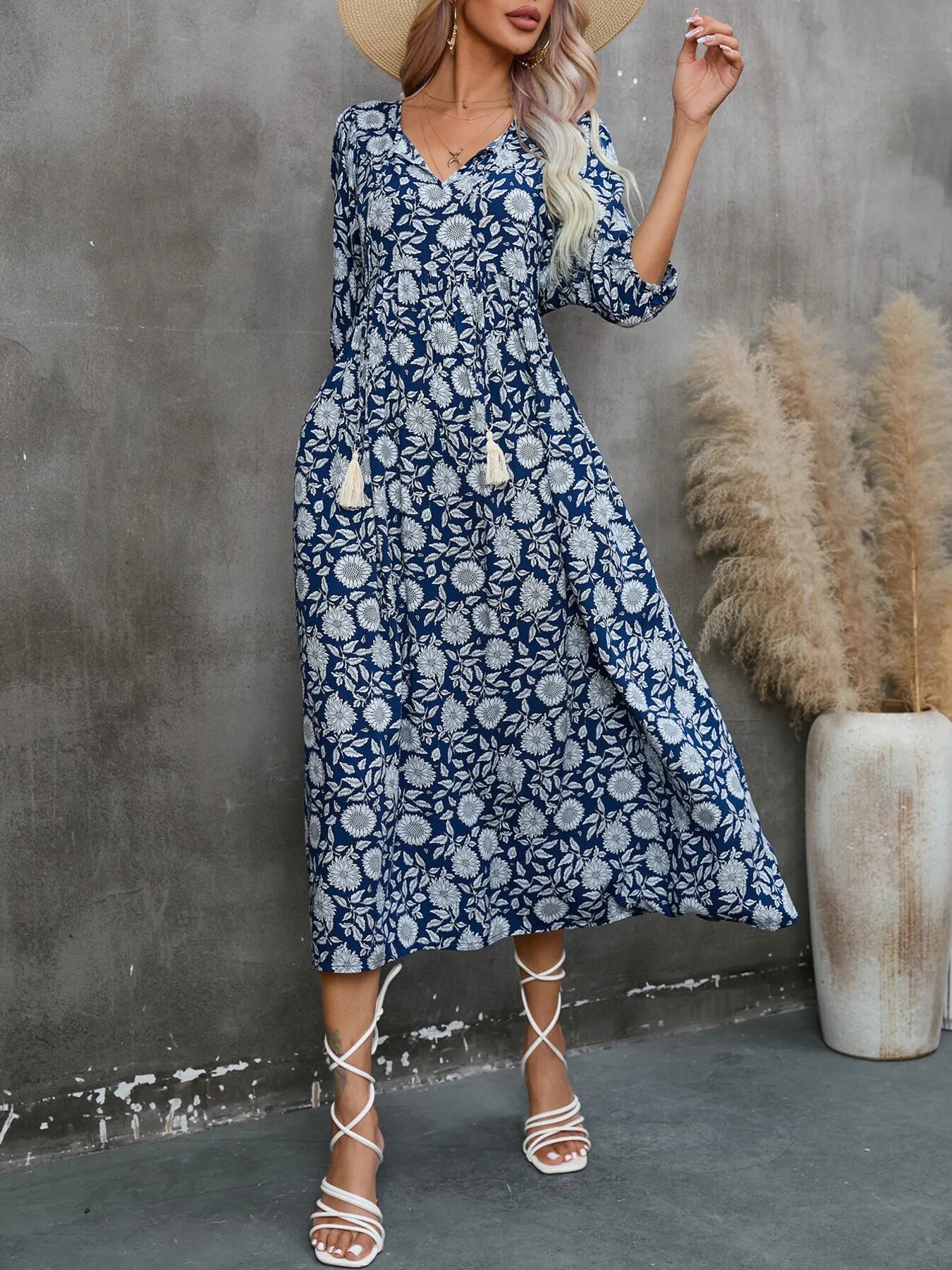 Printed Tie Neck Midi Dress - adritiX