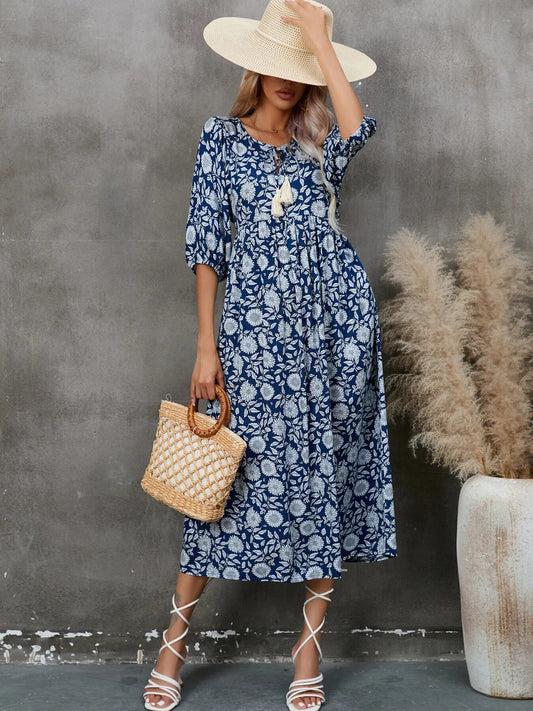 Printed Tie Neck Midi Dress - adritiX
