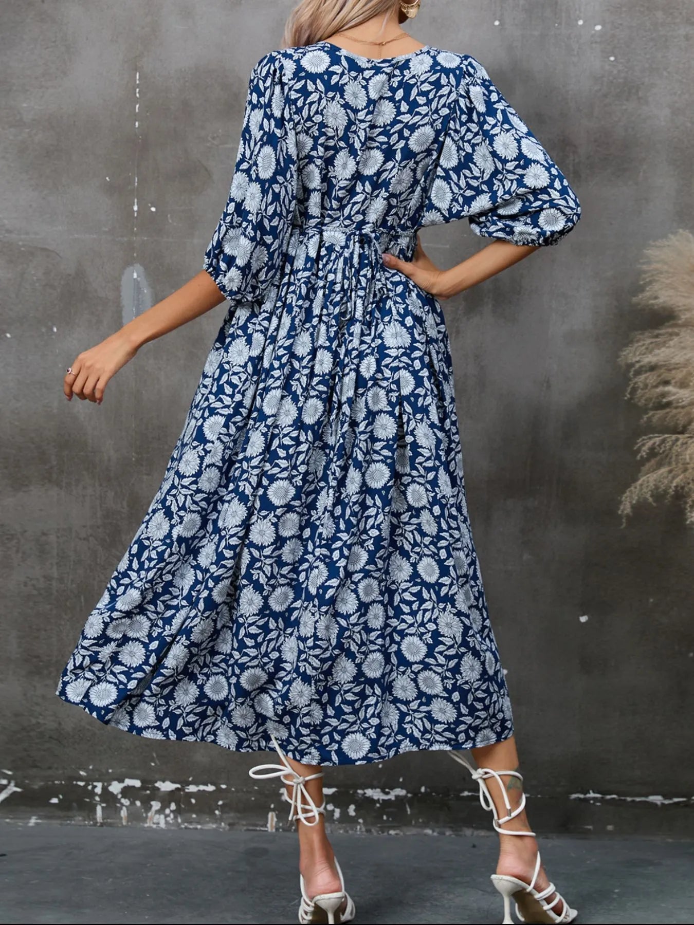 Printed Tie Neck Midi Dress - adritiX