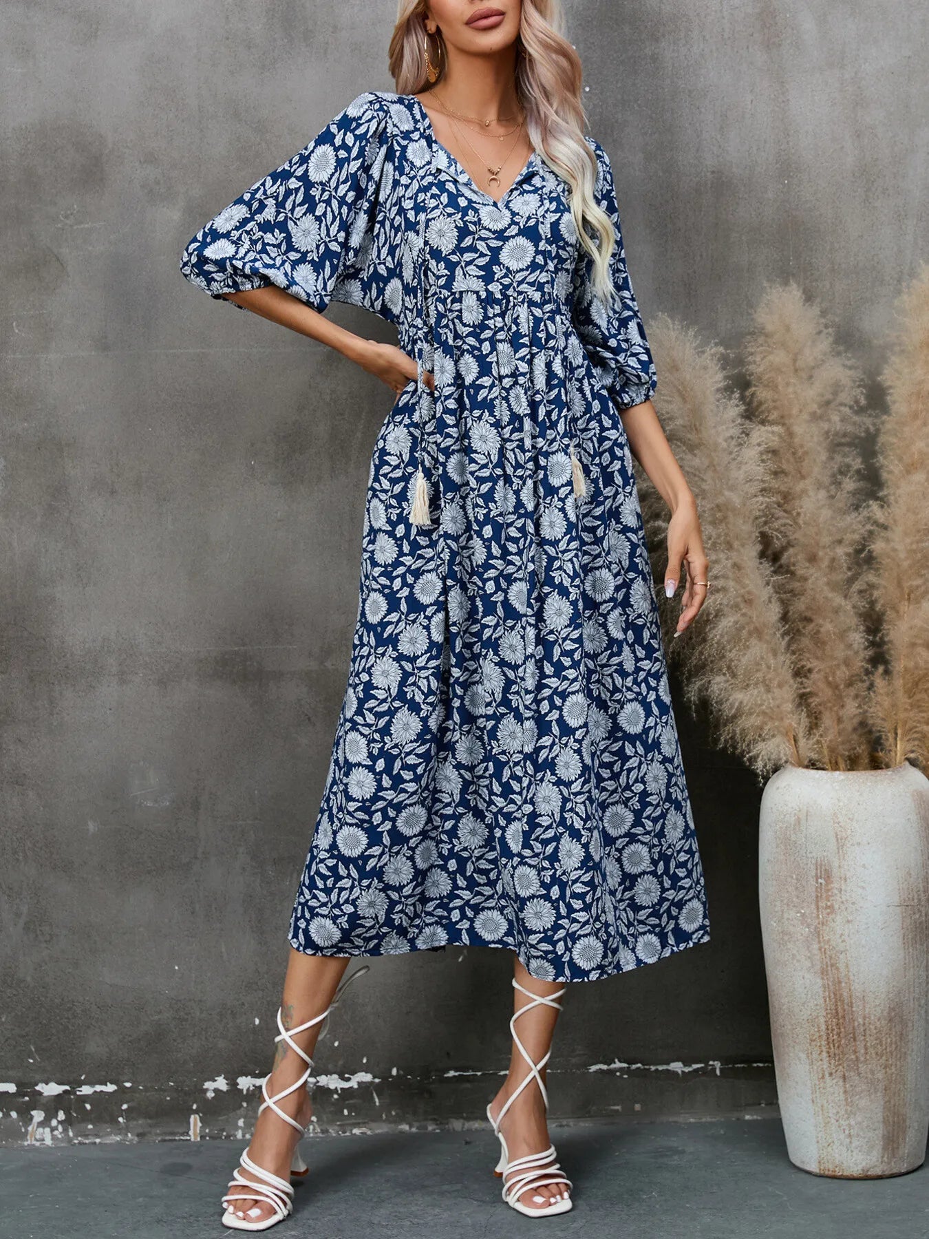 Printed Tie Neck Midi Dress - adritiX