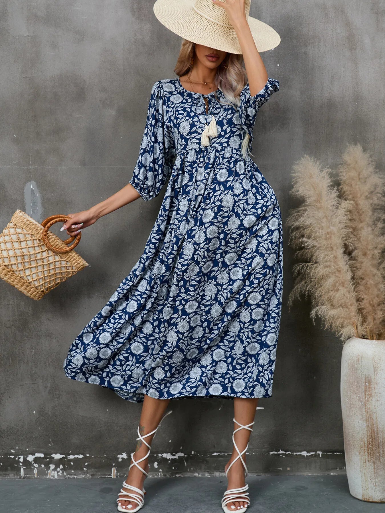 Printed Tie Neck Midi Dress - adritiX
