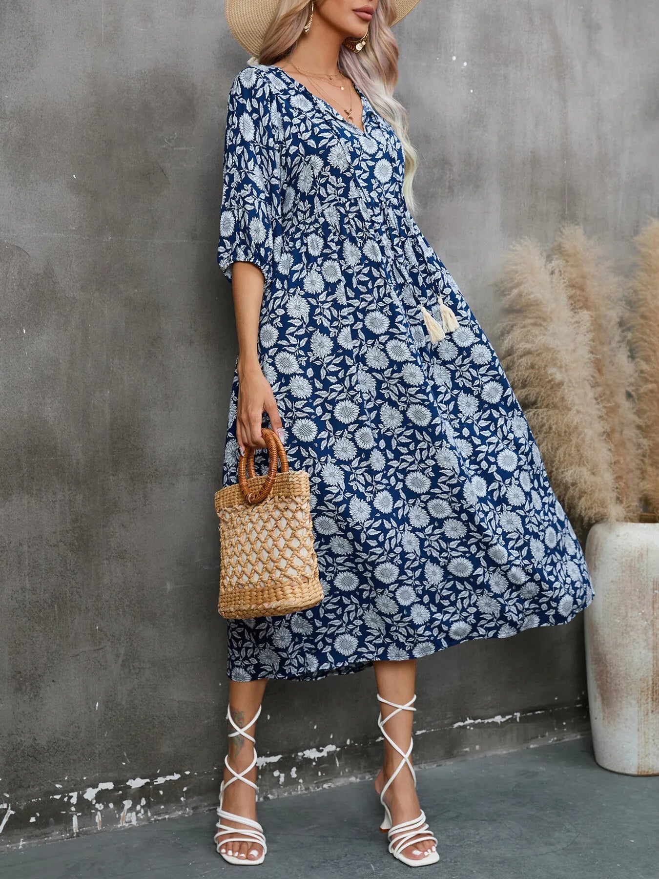 Printed Tie Neck Midi Dress - adritiX