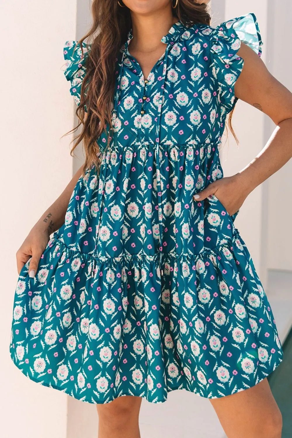 Printed Tie Neck Ruffled Cap Sleeve Dress - adritiX