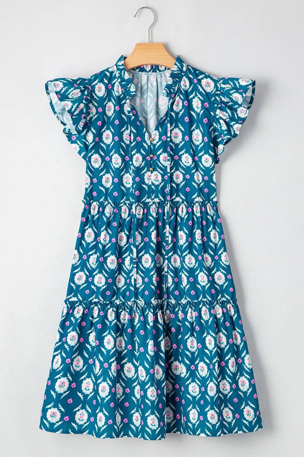 Printed Tie Neck Ruffled Cap Sleeve Dress - adritiX