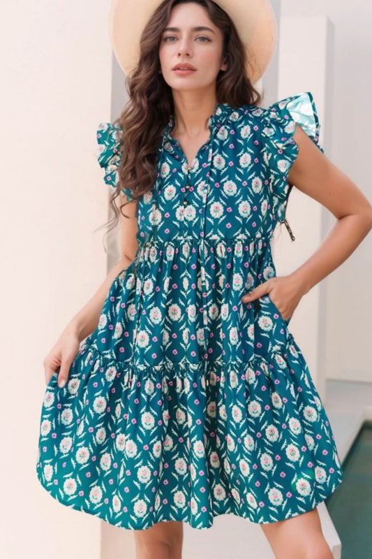 Printed Tie Neck Ruffled Cap Sleeve Dress - adritiX