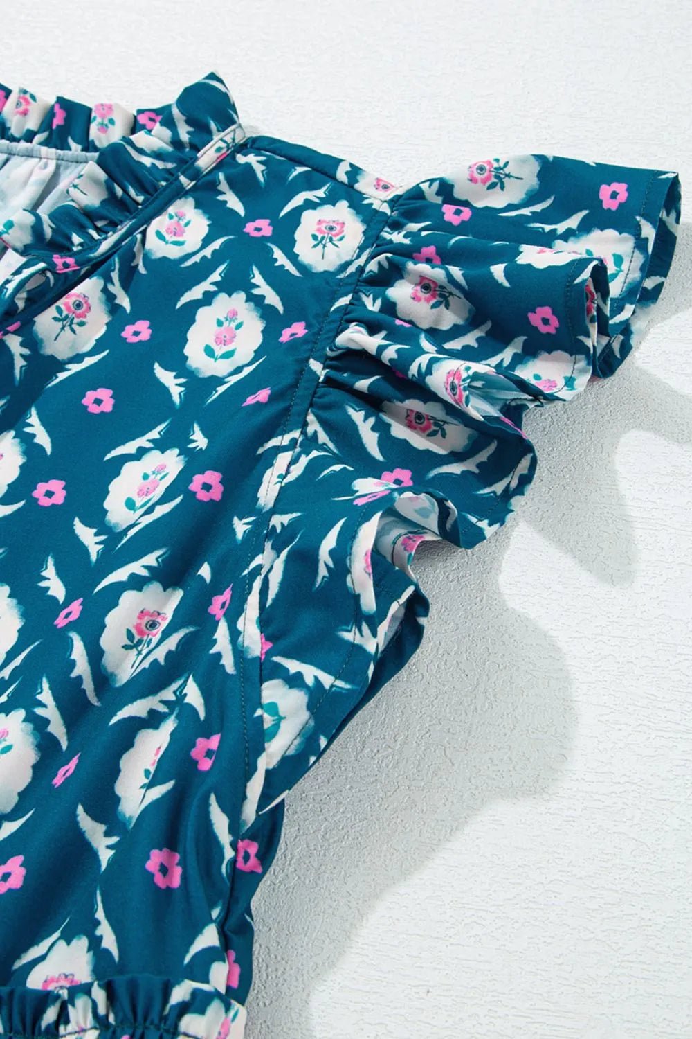 Printed Tie Neck Ruffled Cap Sleeve Dress - adritiX