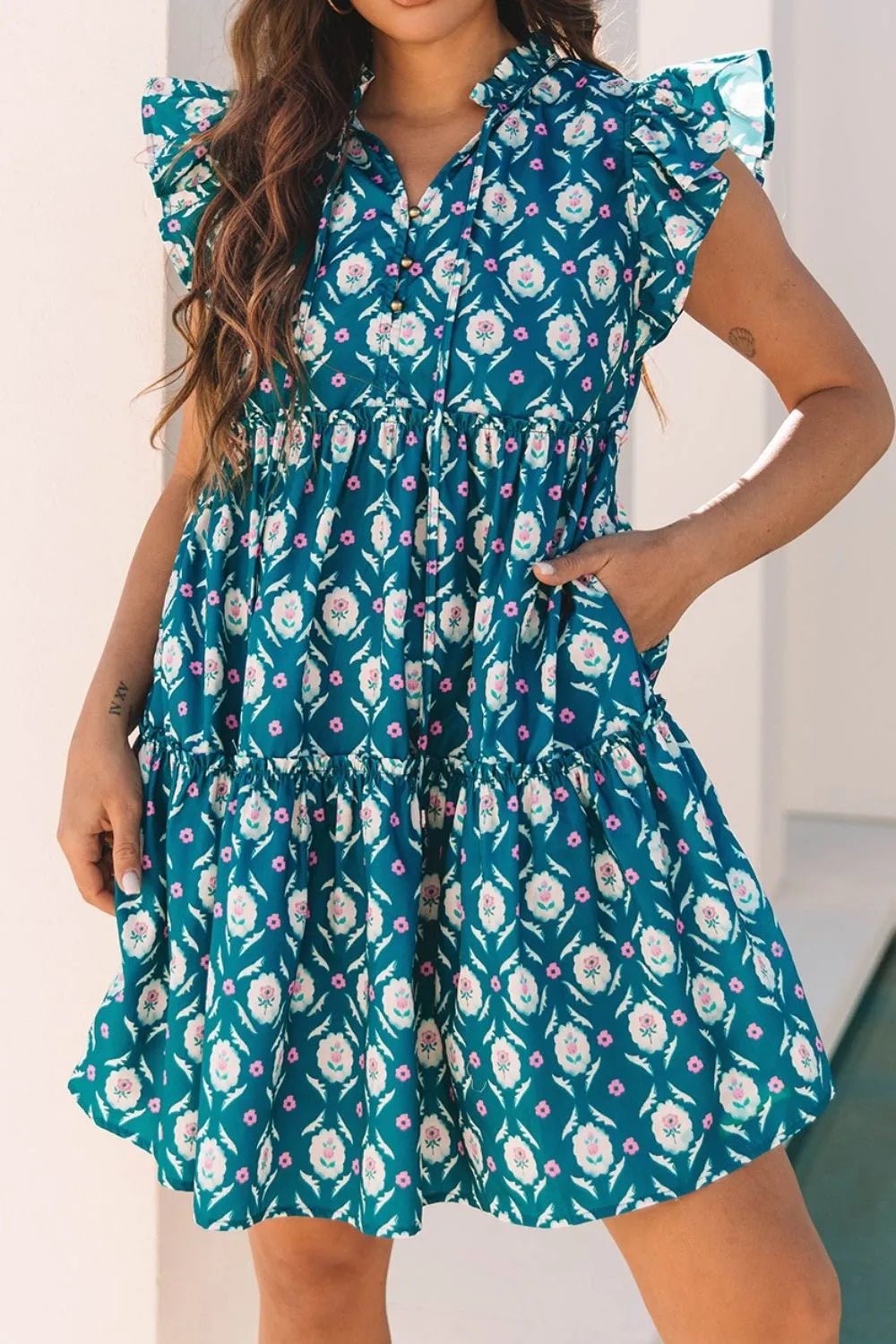 Printed Tie Neck Ruffled Cap Sleeve Dress - adritiX