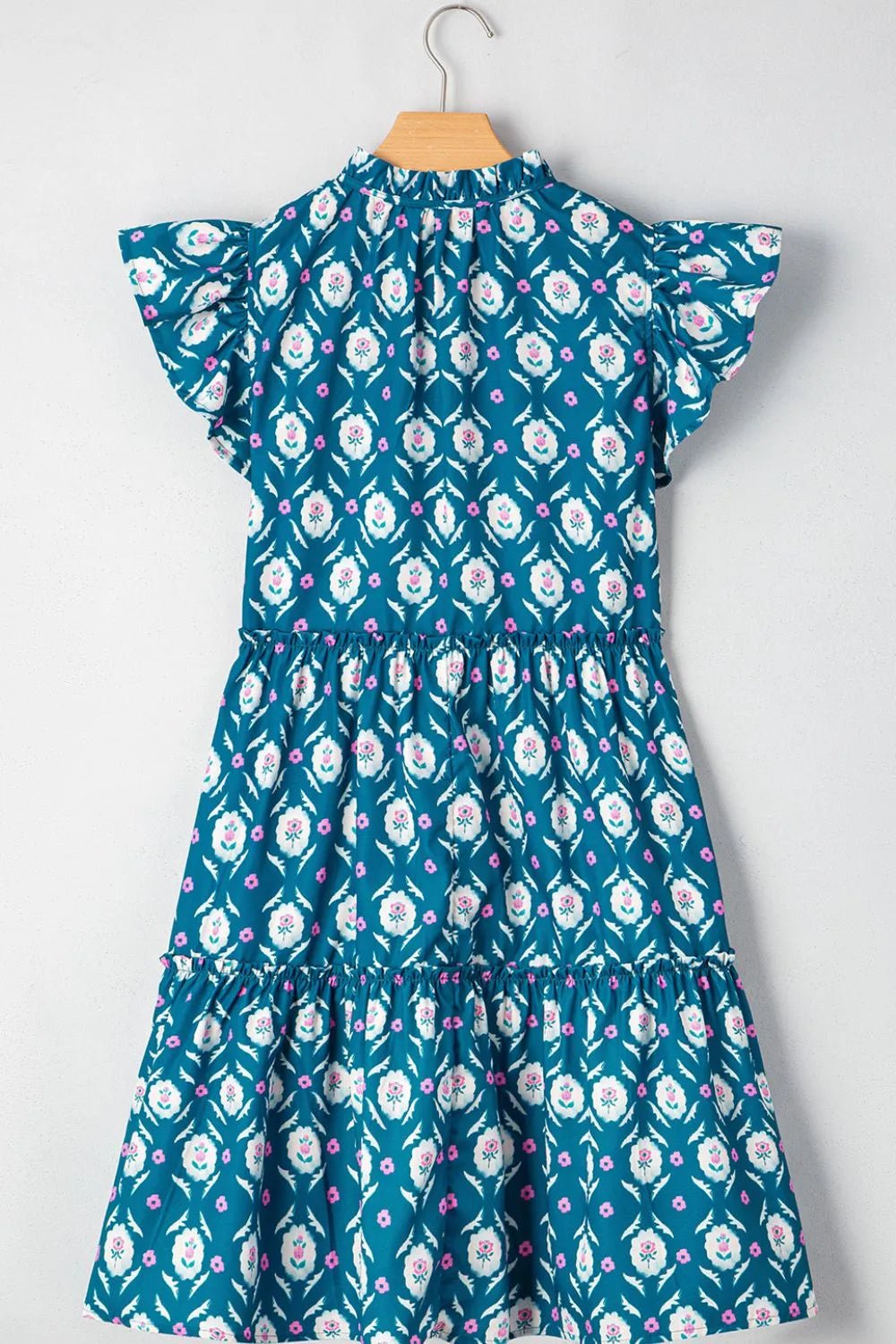 Printed Tie Neck Ruffled Cap Sleeve Dress - adritiX