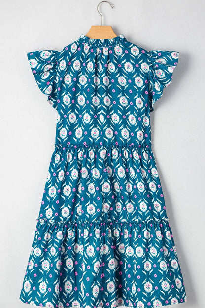 Printed Tie Neck Ruffled Cap Sleeve Dress - adritiX