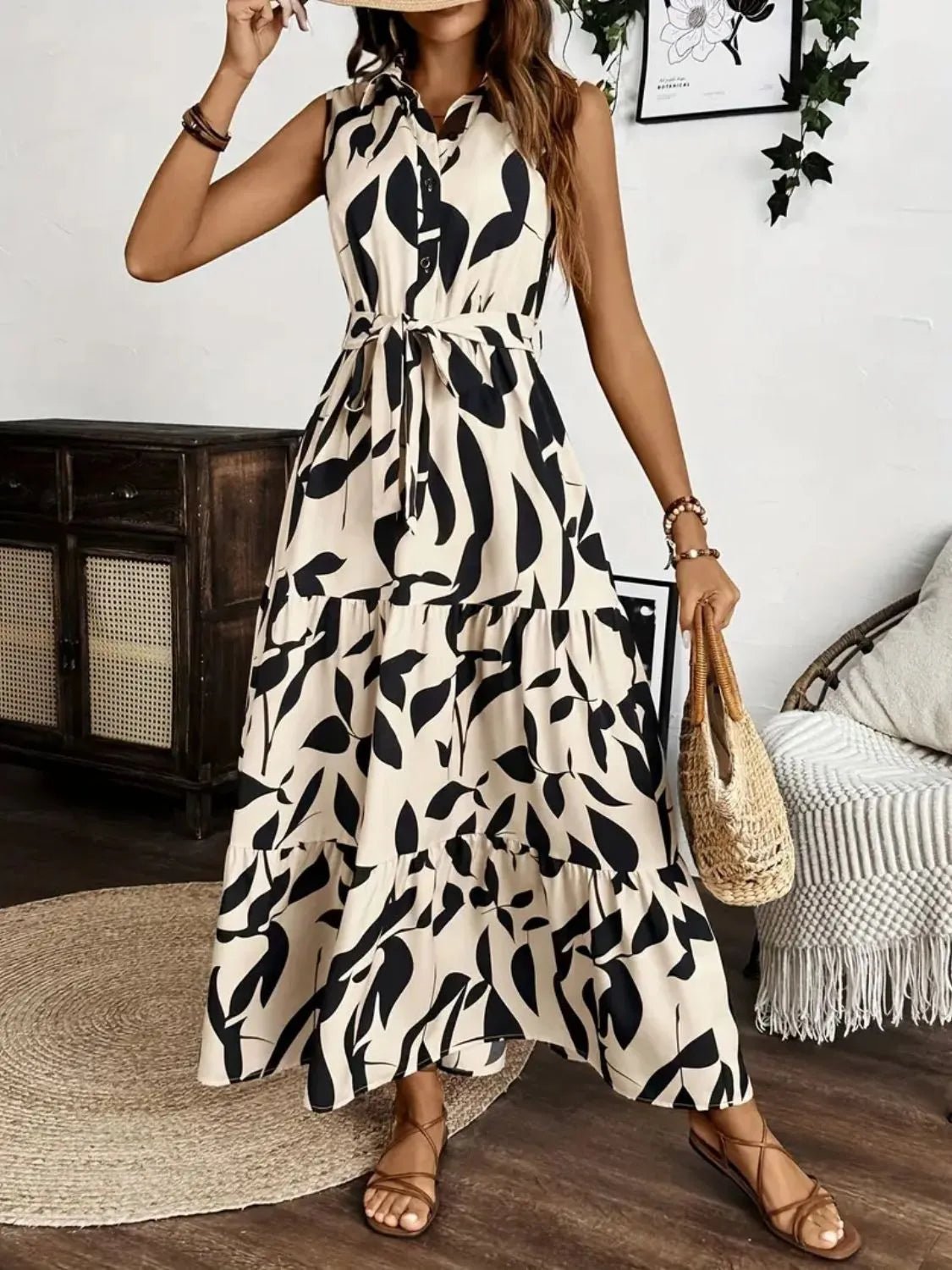 Printed Tie Waist Sleeveless Maxi Dress - adritiX