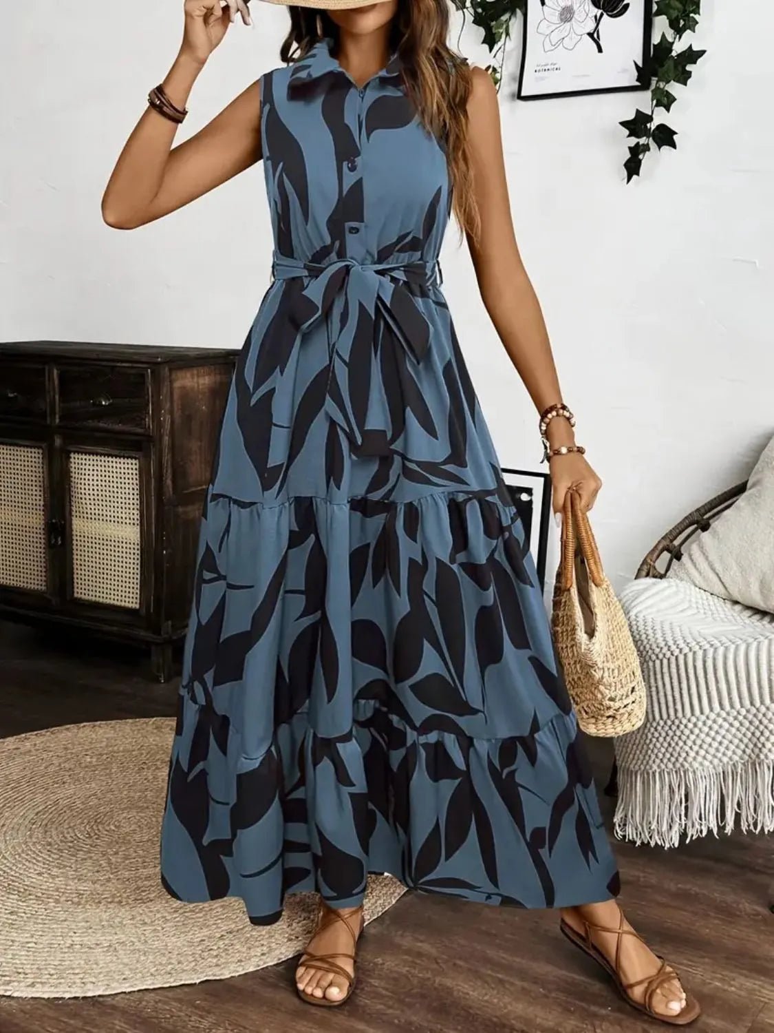Printed Tie Waist Sleeveless Maxi Dress - adritiX